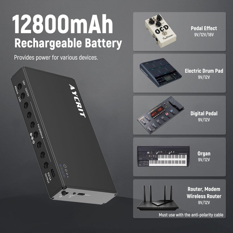 AYCRIT [New Version] Guitar Pedal Power Supply, Rechargeable 12800mAh 9 Outputs 9V2A/12V1.5A/18V450mA and 5V2A USB-C Port for iPhone ipad (MUSTAN-01) Style - Image 5
